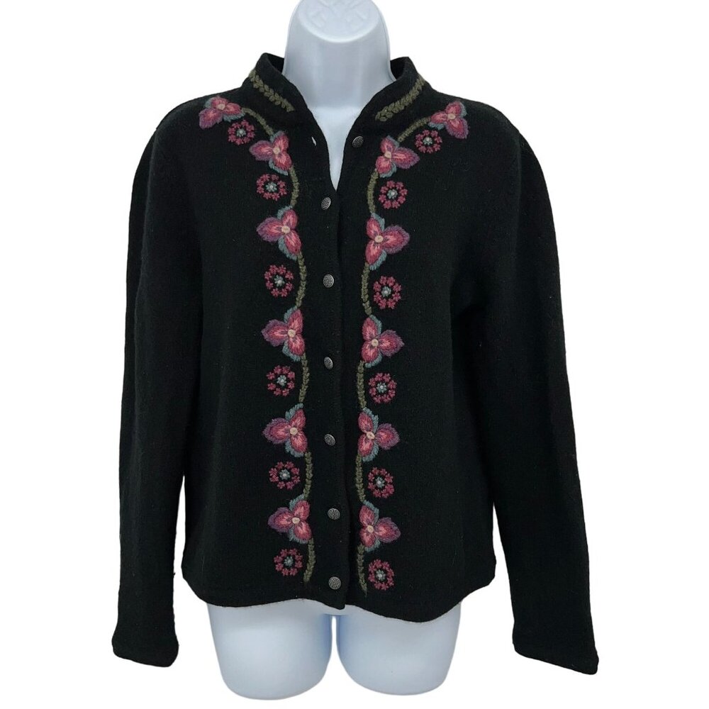 Fieldgear Womens Black Wool Blend Cardigan Sweater Floral Embroidered ButtonUp M